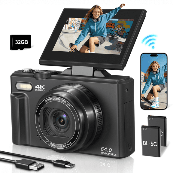 Lmzour 4K 64MP Digital Camera, 18X Digital Zoom WiFi Vlogging Camera for YouTube with 180° Flip Screen and 32GB Card