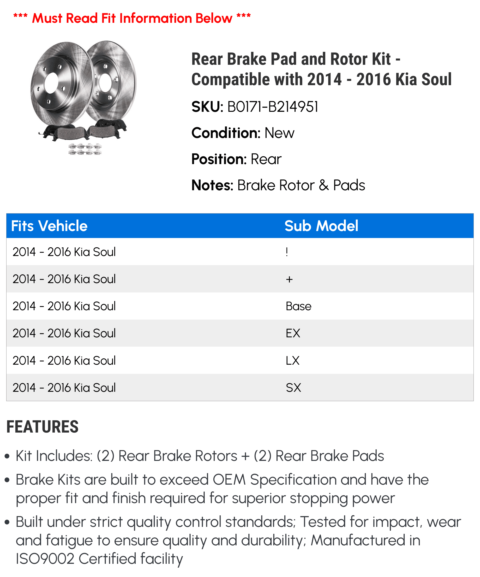 Rear Brake Pad and Rotor Kit - Compatible with 2014 - 2016 Kia Soul 2015