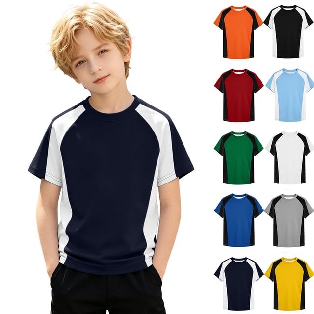 WENXIAOO T-Shirts à Manches Courtes pour Garçons, T-Shirts d'Été pour Enfants à Col Rond, T-Shirts Basiques, Hauts Décontractés, T-Shirts à Blocs de Couleur Tendance