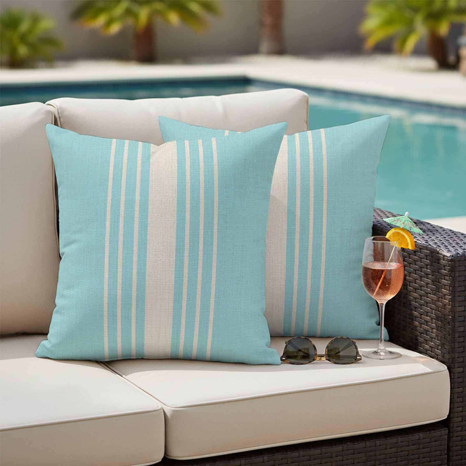 Aqua Beige Striped Outdoor Waterproof Pillow Covers, Modern Farmhouse Retro Lines Decorative Square Throw Pillowcase Sofa Cushion Sham for Patio/Couch/Chair, 26"x26" 2 Pack