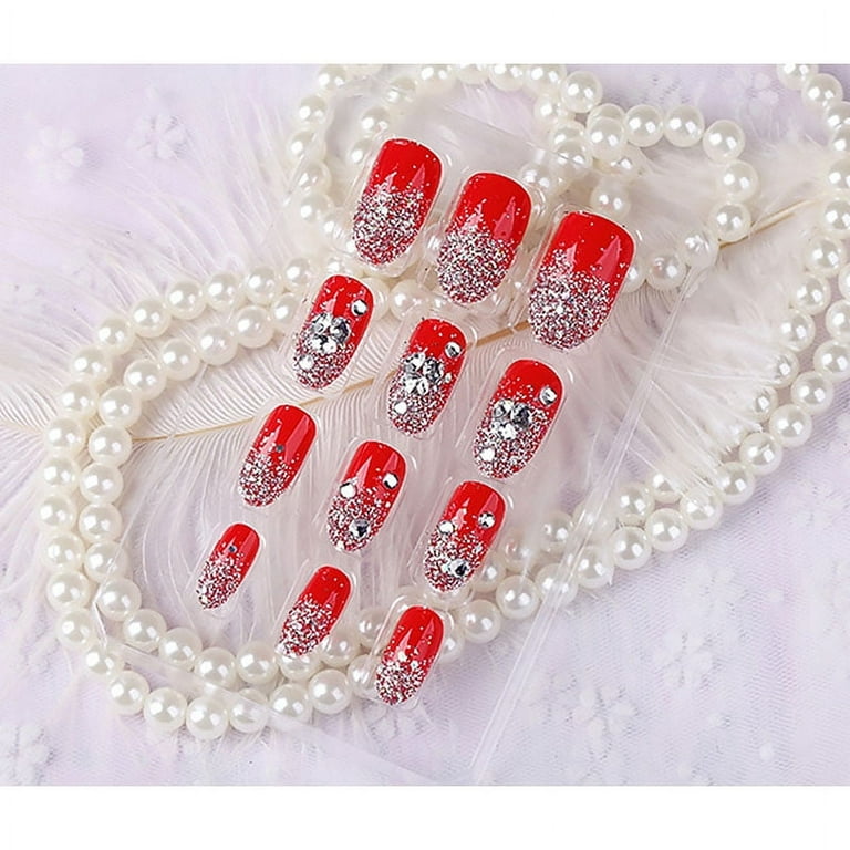 3D Glitter Nail Tips Red Bride False Nails Shinning Rhinestone