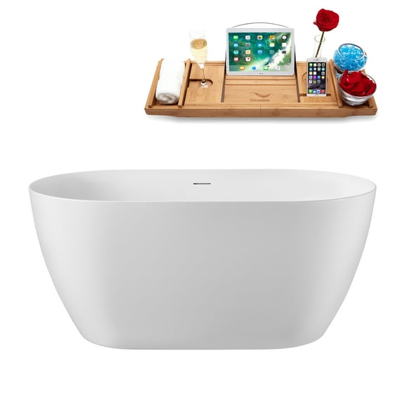 51" Streamline G-38-187-BL Soaking Glossy White Freestanding Tub and Tray With Internal Drain in Matte Black