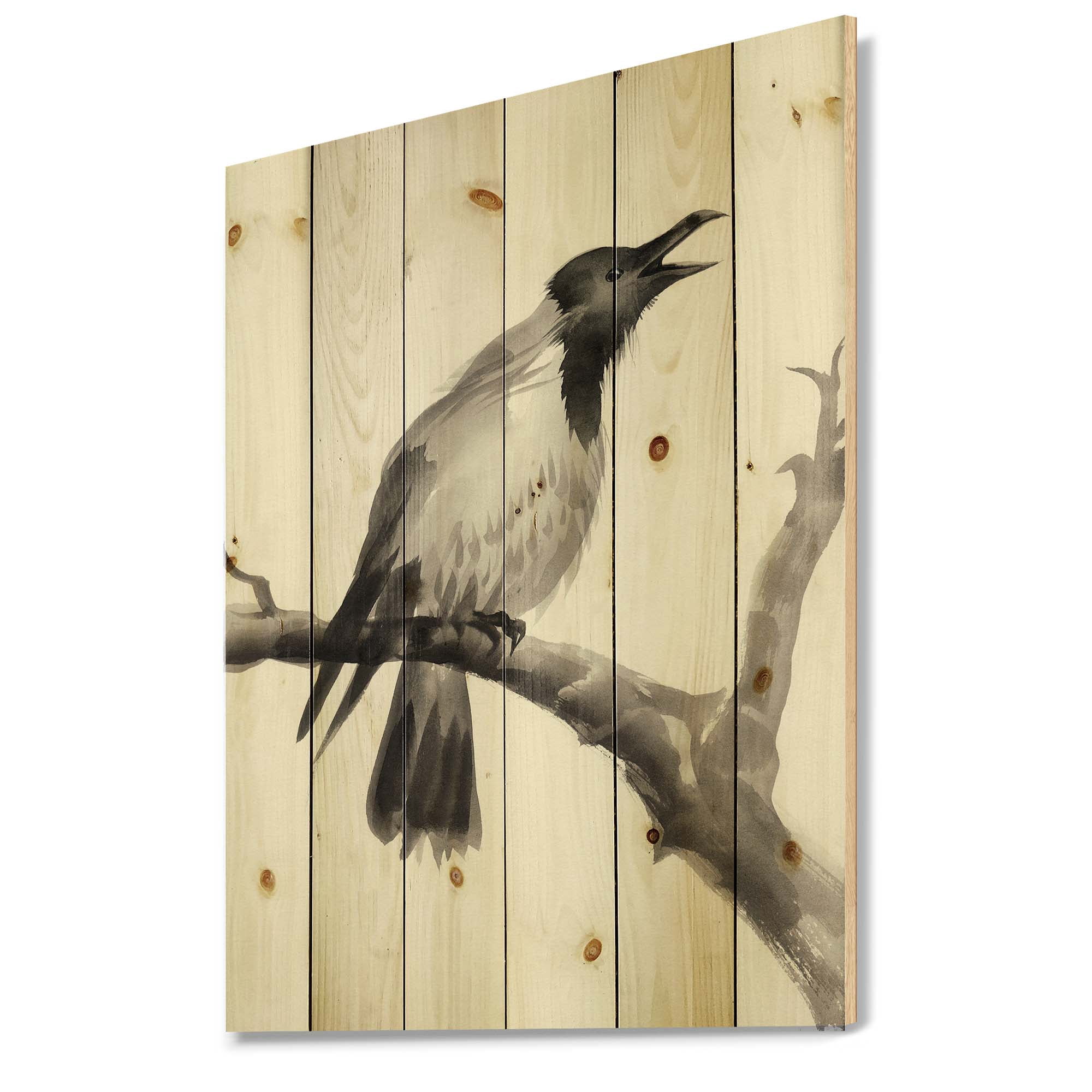 Designart 'Monochrome Crying Crow On A Branch' Traditional Print on Natural Pine Wood