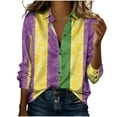 thumbnail image 2 of Women's Carnival T Shirts Top Oversized Lapel Mardi Gras Satin Silk Button Down Long Sleeve Blouses Casual Printed Turndown Collared Loose Comfy Tee Shirts, 2 of 5