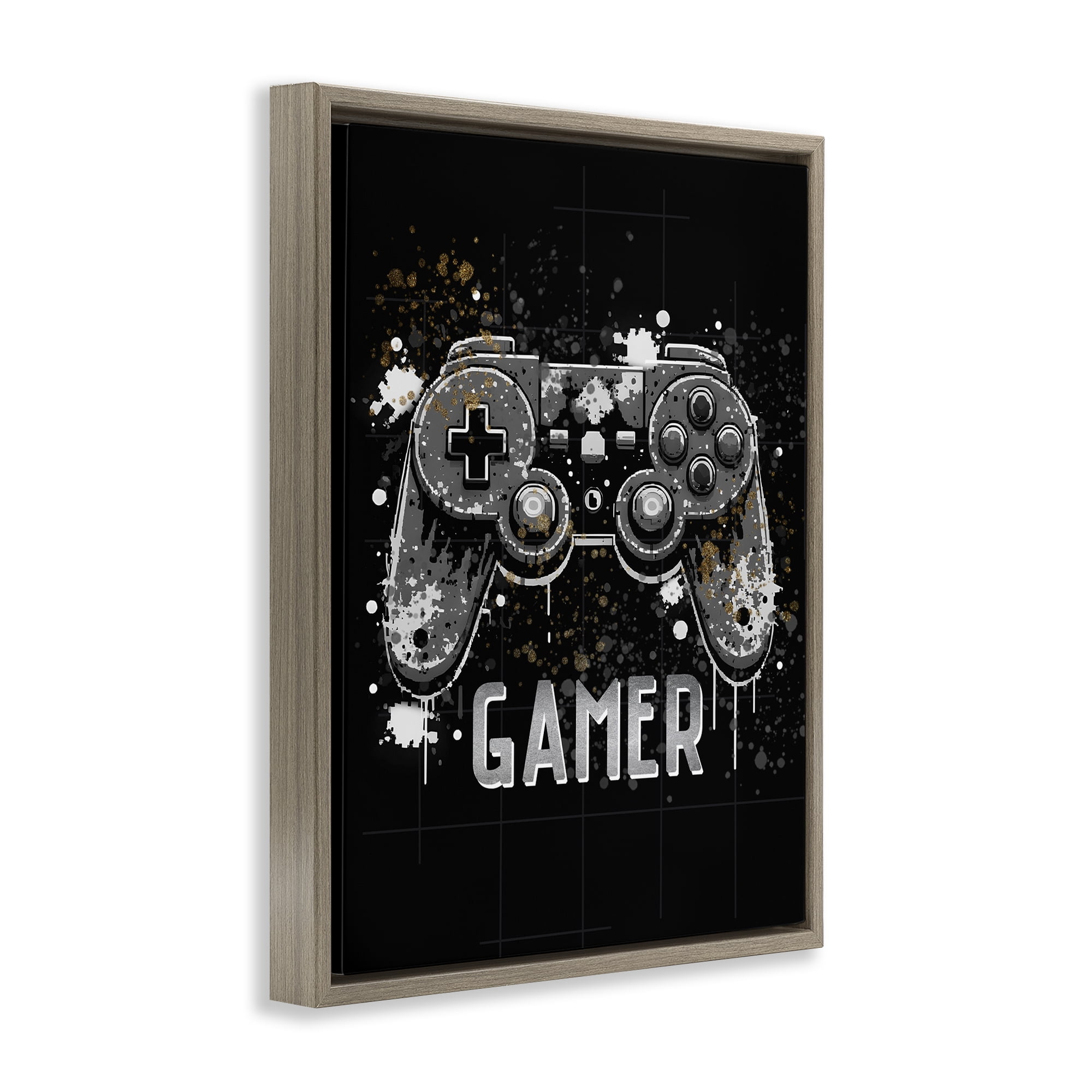 Stupell Industries Gamer with Modern Splash Entertainment Painting Brown Floater Framed Canvas Art Print Wall Art, 17 x 21