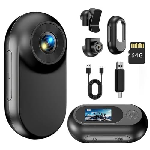 Mini Body Camera 1080P Mini Action Camera with Built in 64GB Memory Card Thumb Sized The Helmet Camera for Work Travel Cycling and Body Camtaking photos of pets