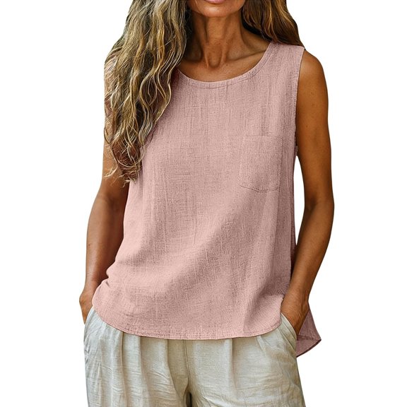 Summer Cotton Linen Tank Tops Womens Casual Vests Ladies Sleeveless Blouses Round Neck T-Shirts Holiday Vintage Solid Color Top Comfy Oversized Tshirts Size