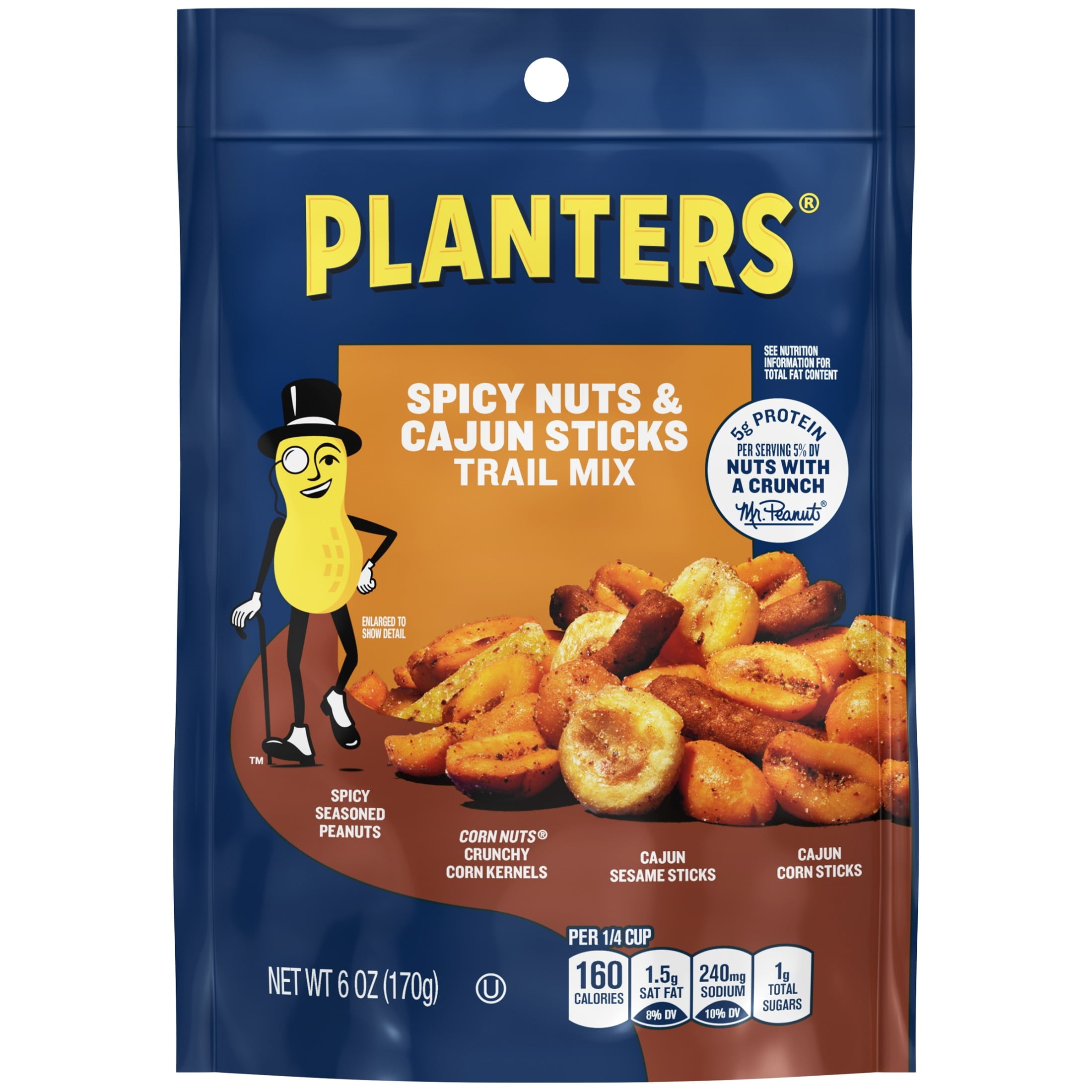 (6 pack) PLANTERS Spicy Nuts and Cajun Sticks Trail Mix with Spicy Peanuts, Plant-Based Protein, 6 oz Plastic Resealable Bag