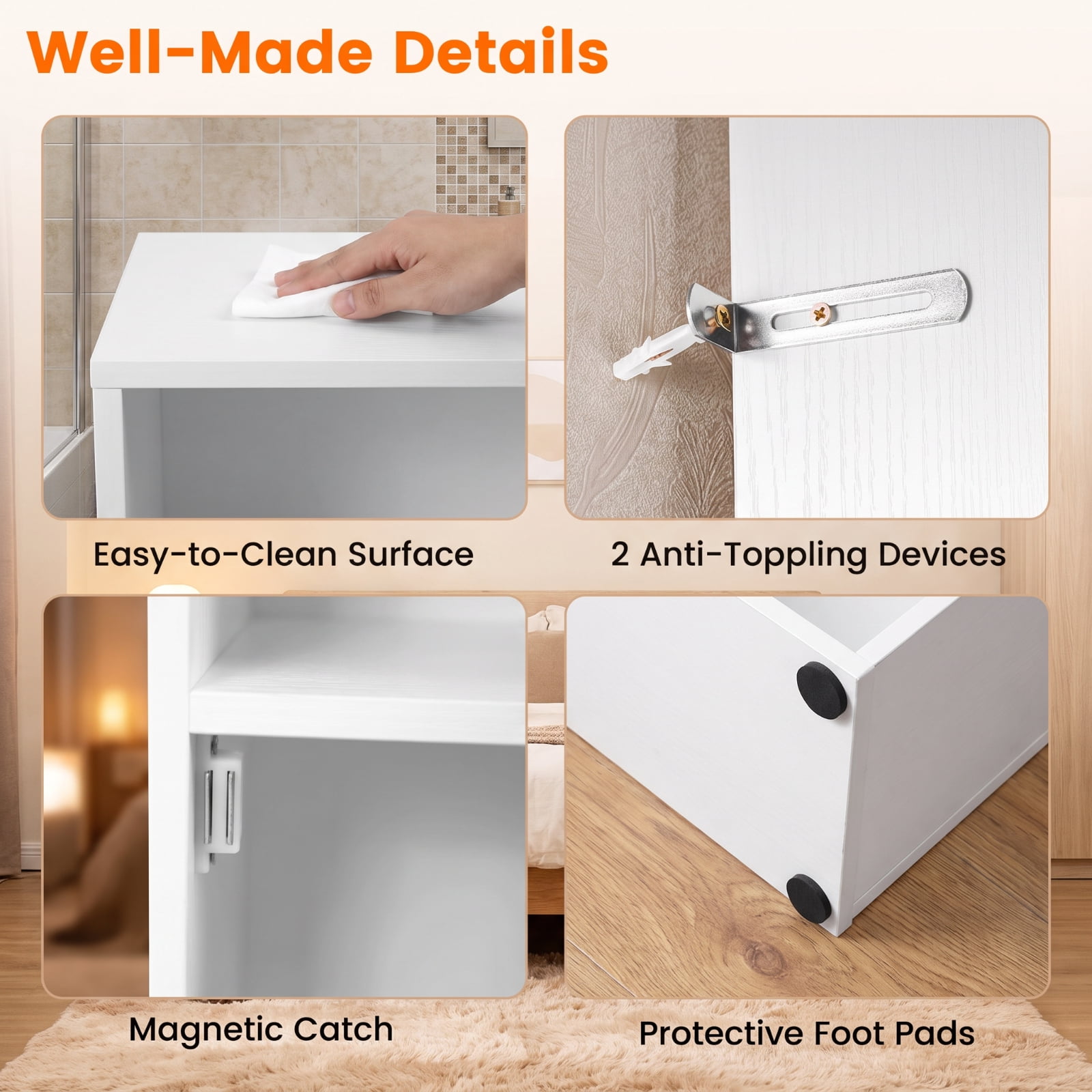 Vebreda Tall Bathroom Storage Cabinet with LED Lights, Freestanding Narrow Floor Cabinet with Remote Control, Adjustable Shelves and Push-to-Open Tempered Glass Door, White