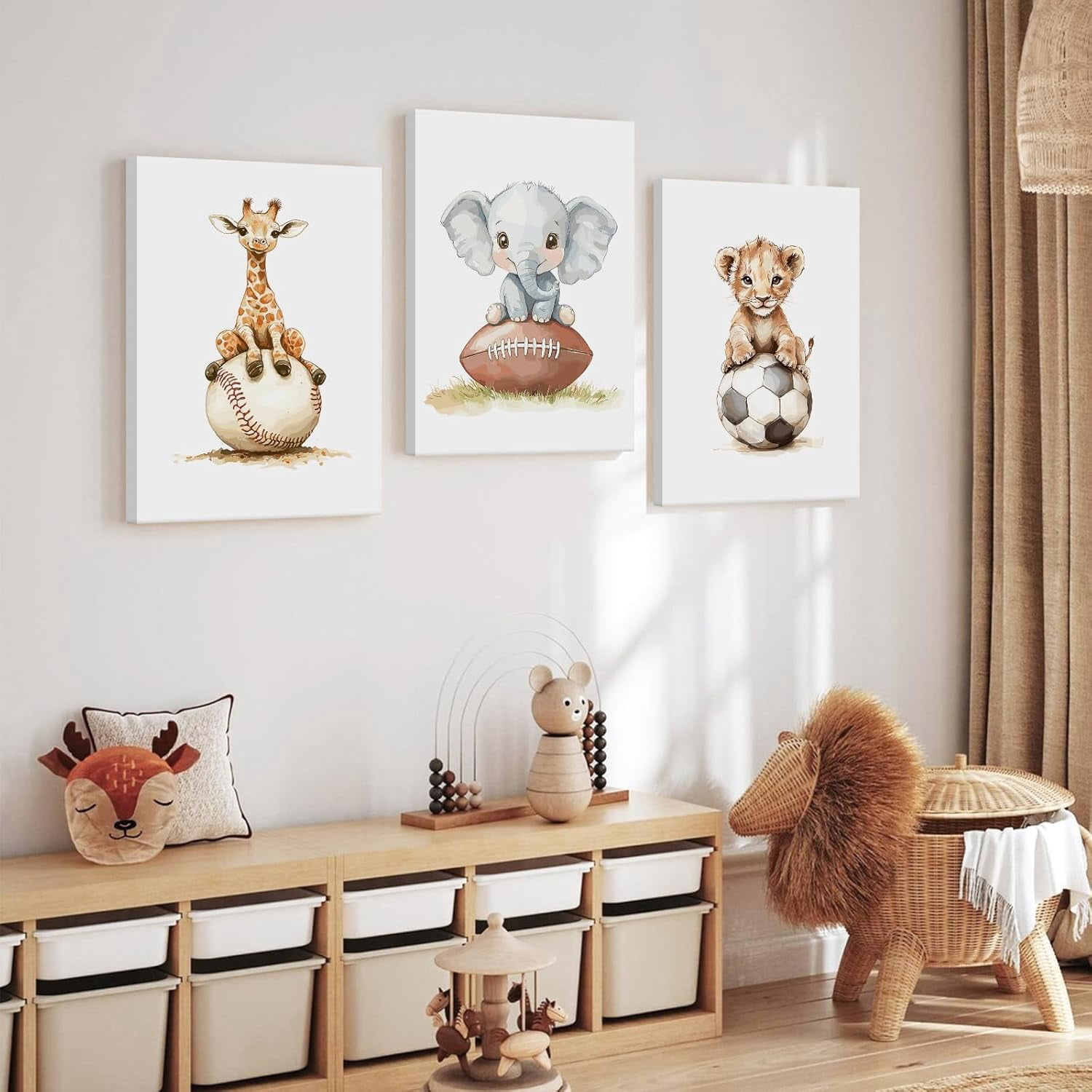Sports Nursery Wall Art Baby Boys Room Canvas Pictures Safari Animal Wall Decor Jungle Nursery Prints Kids Poster Cute Painting Football Soccer Baseball Artwork for Bedroom 12x16x3 Inch Ready to Hang