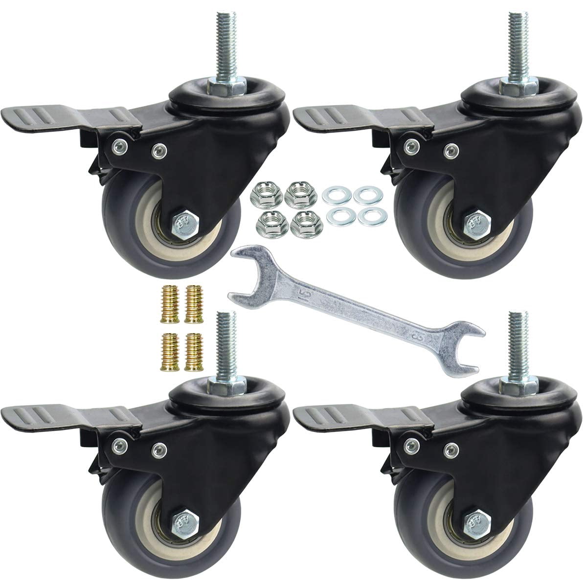 2 Inch Swivel Caster Wheels Set of 4, Metric M8-1.25 Threaded stem(Bolt Diameter 8mm, Length:1″) Durable Soft Rubber casters with Double Lock Mechanism, castors for Carpet Hardwood Floor