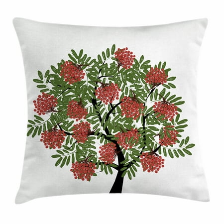 Coral Olive Green Rowan Throw Pillow Cushion Cover, Rowan Tree Full of Fruits Fresh Organic Ecology Themed Artwork, Decorative Square Accent Pillow Case, 18 X 18 Inches, Olive Green Dark Coral Black, by Ambesonne ()
