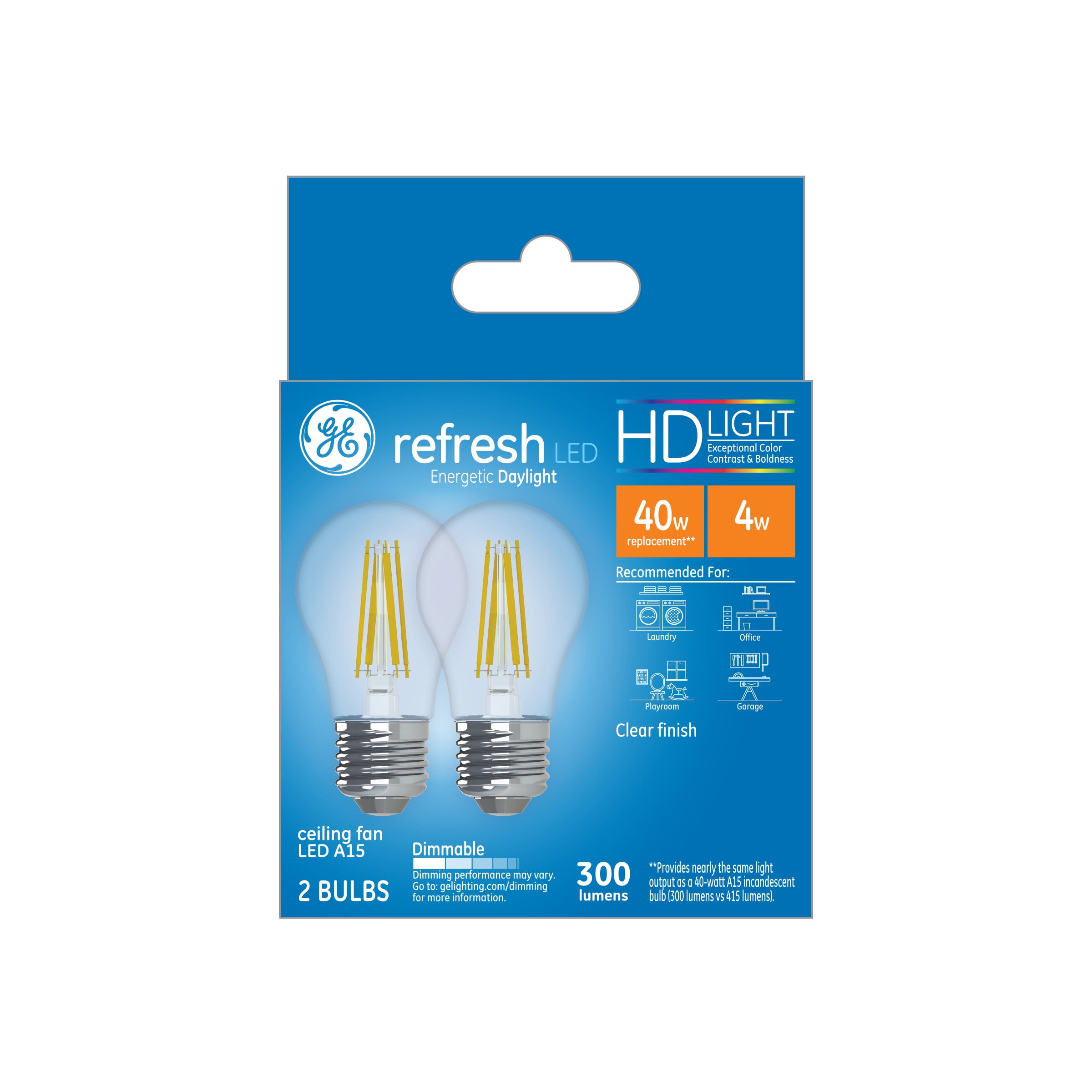 GE Refresh LED Light Bulbs, Daylight, Clear Finish, 40 Watt Replacement, Medium Base, Dimmable (2 Pack)