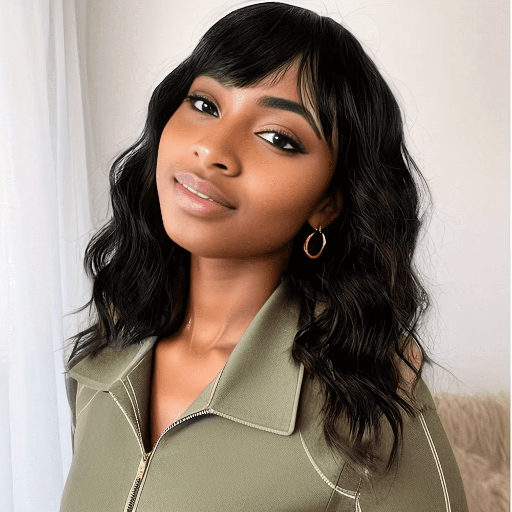 Dopi 14inch Curly Short Bob Lace Wigs Mesh for Black Women Human Hair Dark Brown Wavy Wigs with Bangs Natural for Black Women Party Daily Life Brown 14inch