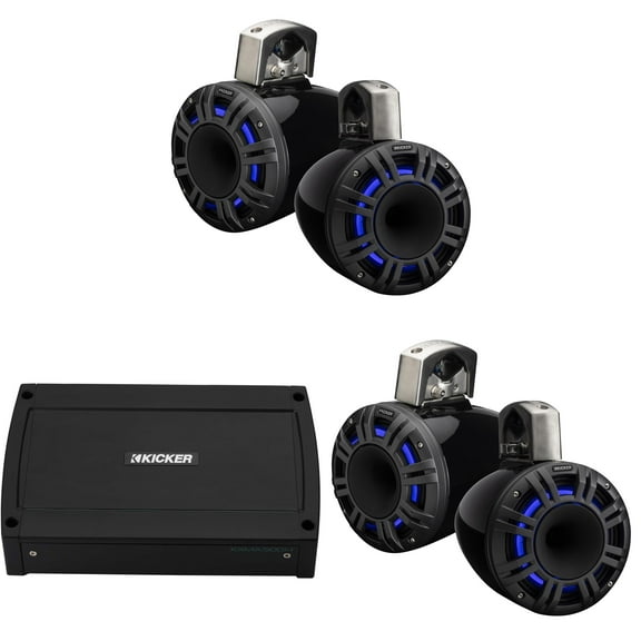 Kicker Marine 4 Ch Amp & ( 2 pair ) 8" LED KMXL Charcoal Tower Speaker Audio Upgrade ( 48KXMA500.4, 51KMTCXL8)