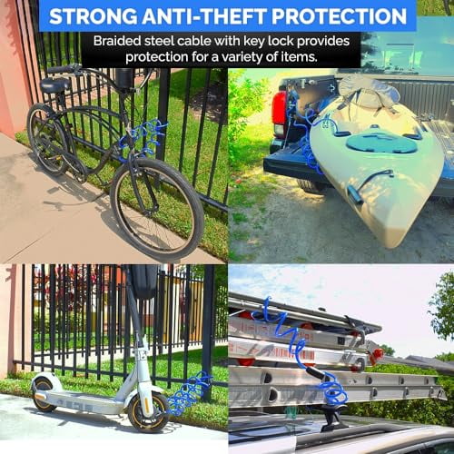 Coiled Security Cable with Key Lock (5’, 10’, 15’, 20’ or 25’ Lengths), Weatherproof Multi-Purpose Anti-Theft Protection for Kayaks, Bikes, Paddleboards, Scooters, Equipment and Mo