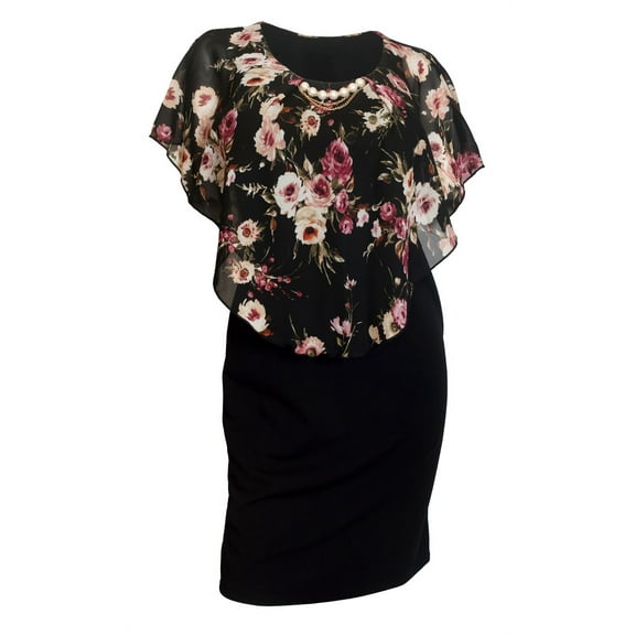 eVogues Plus Size Layered Poncho Dress Floral Print Black 18329