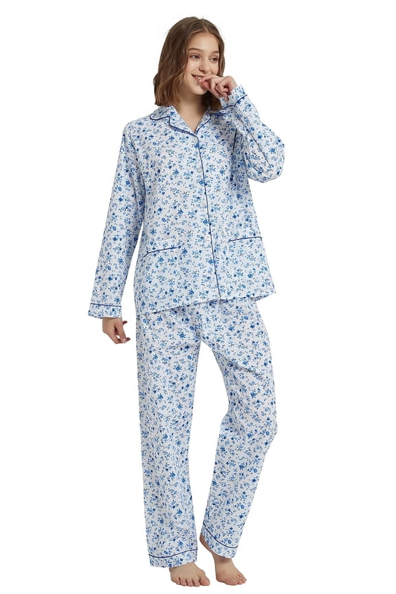 100% Cotton Pajamas for Women Notch Collar Pjs Cozy Button Down Homewear with Pockets, Spring & Summer, 2-Piece, Sizes S to 3X