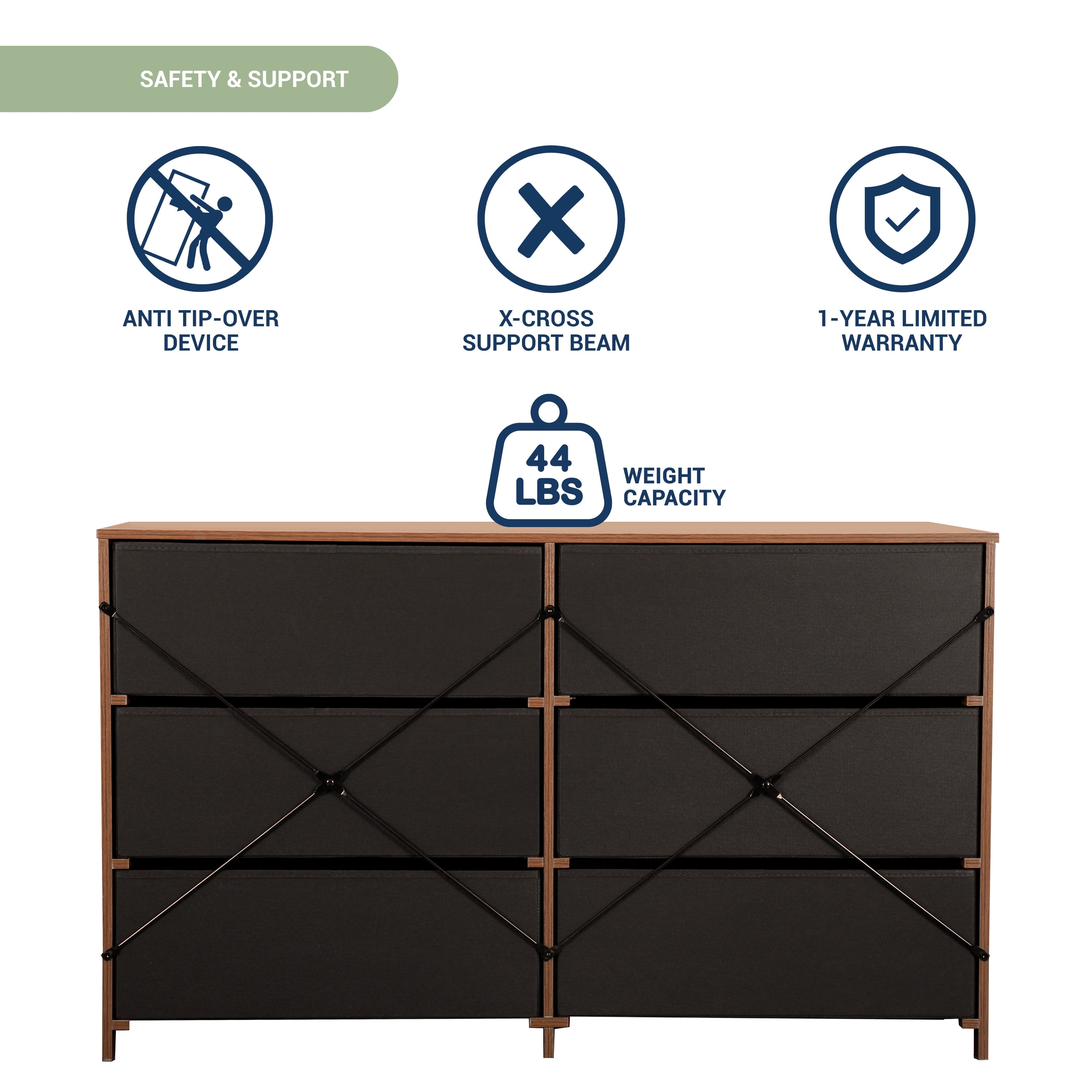 6-Drawer Dresser with Extra Large Fabric Bins, Wood Frame Storage Organizer for Bedroom, Living Room, or Hallway, Versatile Design Doubles as a TV Stand, Ideal for Home Organization, Walnut
