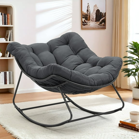 Dovov Indoor Rocking Chair with Cushion, Oversized Papasan Rocker Chair Comfy Egg Chair Modern Lounge Seat Recliner Chair, Gray