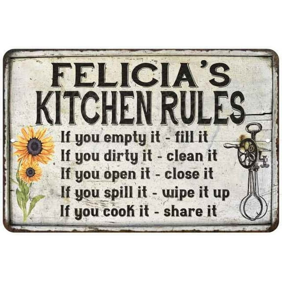 Felicia's Kitchen Rules Chic Sign Vintage Decor 8 x 12 High Gloss Metal 208120032286