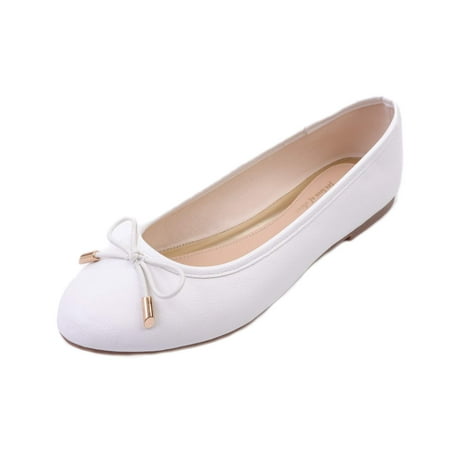 

Feversole Women s Soft Cushion Comfort Round Toe Metal Trim Fashion Ballet Flats Walking Shoes White Vegan Leather Size 6 M US