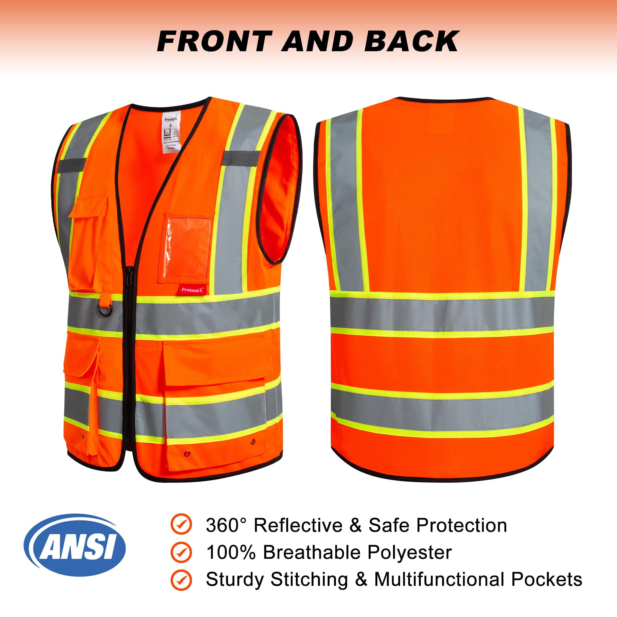 ProtectX Hi Vis Reflective Safety Vest for Men Women High Visibility Construction Work Vest with Pockets Zipper Class 2 Orange Large