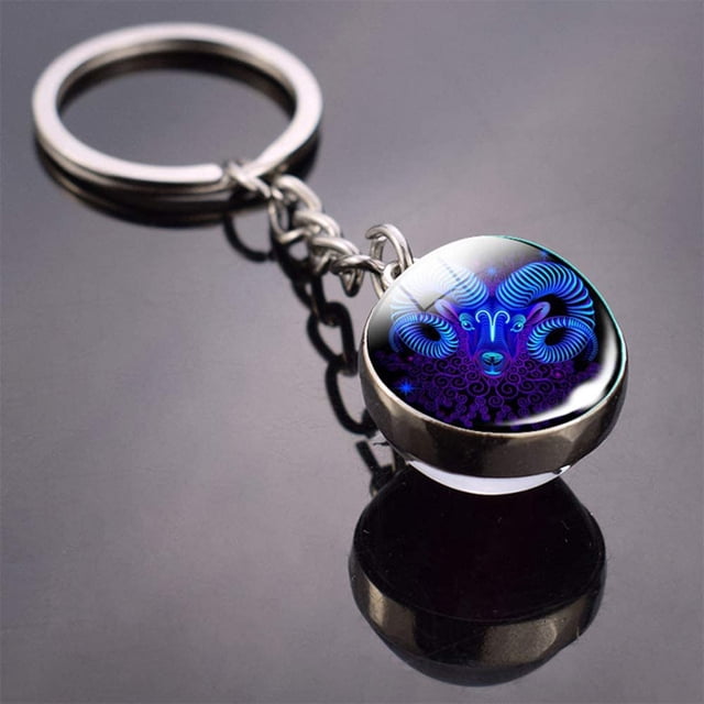 Glowing 12 Constellation Keychain Zodiac Sign Round Glass Pendant Key Ring Holder Zodiac Keychain 12 Constellation Keychain Gift(Aries)