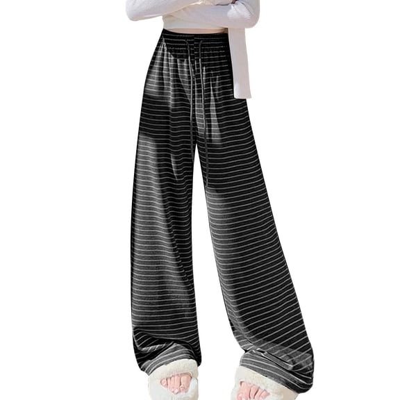 Lorytime Womens Wide Leg Pants Stripe Elastic Waist Trousers Drawstring Loose Summer Pants Soft Casual Clothes Black L