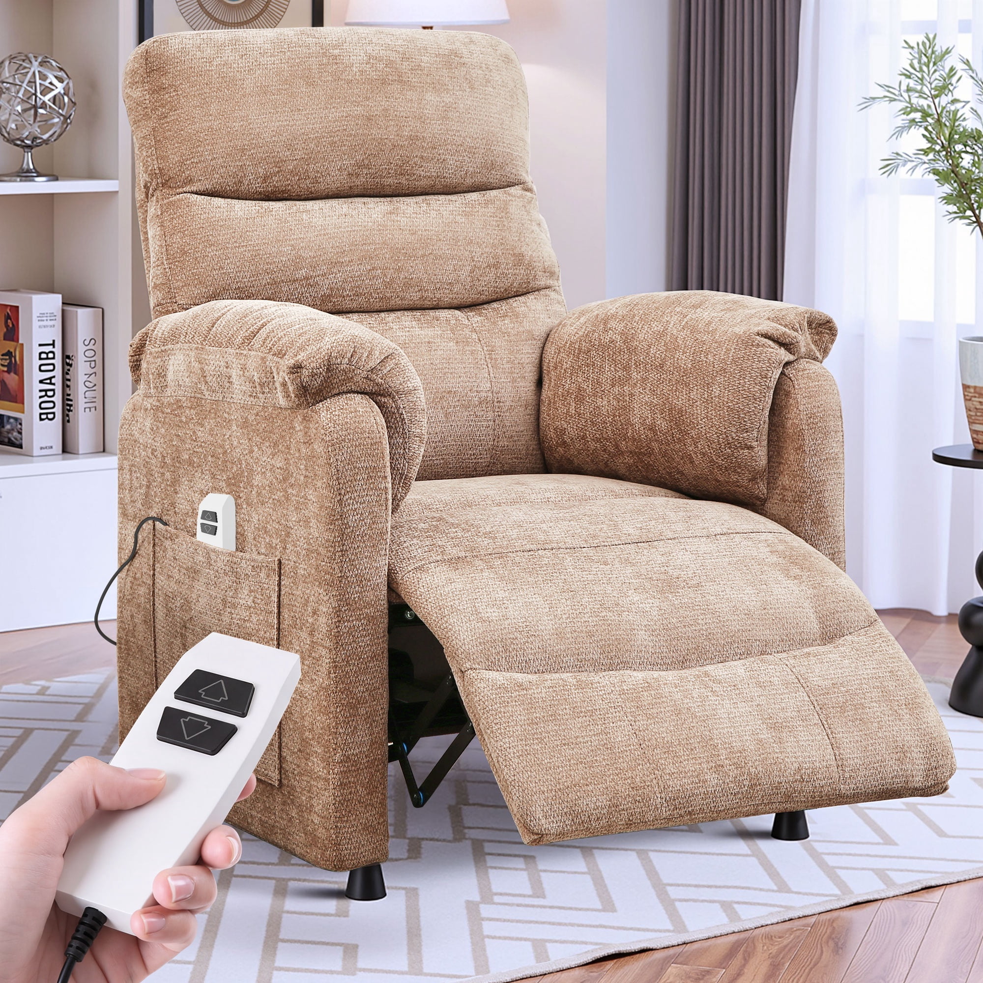 Electric Power Recliner Chair, Modern Chenille Fabric Recliner with Side Pocket & Remote, Nursery Recliner Chair for Living Room Small Space, Brown