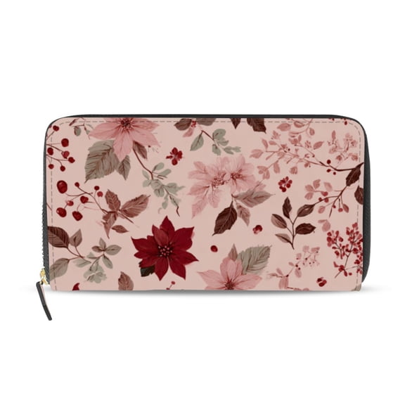 Flowers Leaves Christmas Women's Long Zipper Wallet Bifold Clutch Purse PU Leather Card Cases