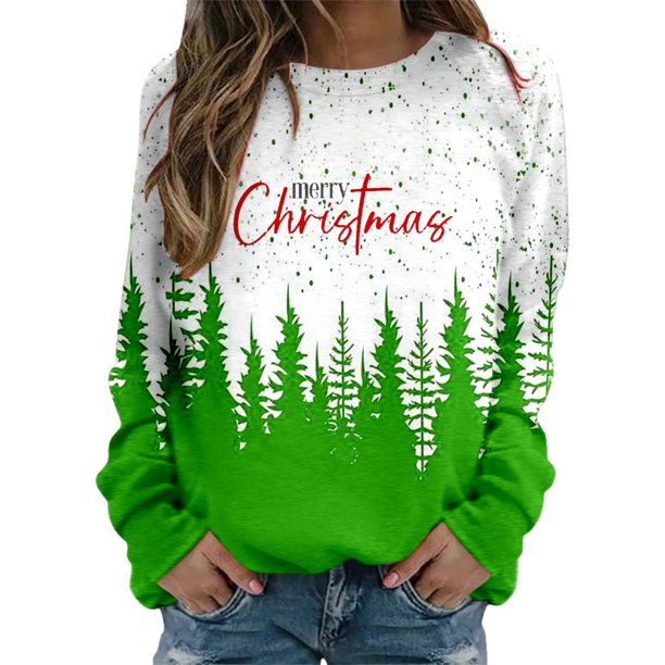 Gibobby Sudadera de Navidad para mujer Blusa holgada con cuello redondo y estampado de Navidad para mujer, camisetas de entrenamiento de manga larga a la moda(Verde,XG)