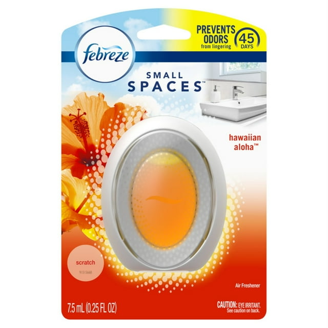 Febreze Small Spaces Hawaiian Aloha air freshener with orange scent gel in oval white container, packaged with hibiscus flower image and text highlighting 45 days odor prevention.