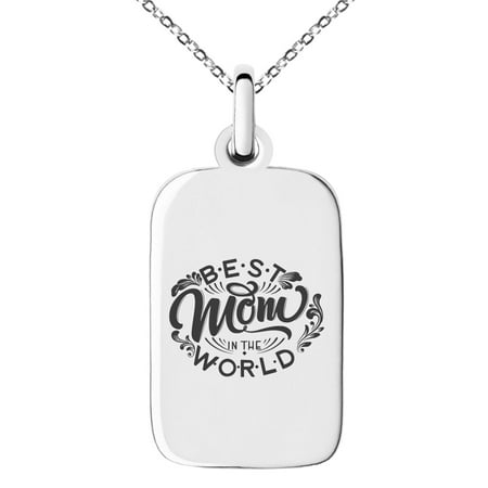 Stainless Steel Best Mom in the World Filigree Small Rectangle Dog Tag Charm Pendant