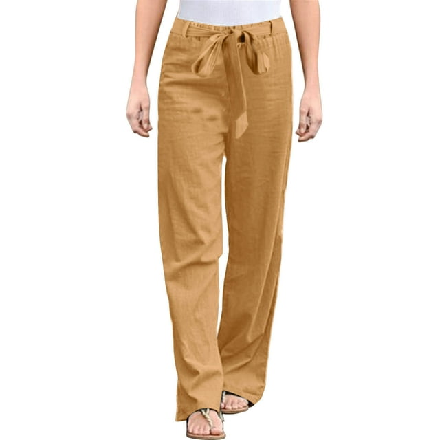Pantalones anchos de algodón y lino para mujer: cintura alta elástica, cordón, transpirables, ropa informal para la oficina y la playa, tallas S-XXL, cintura de 66 a 88 cm.