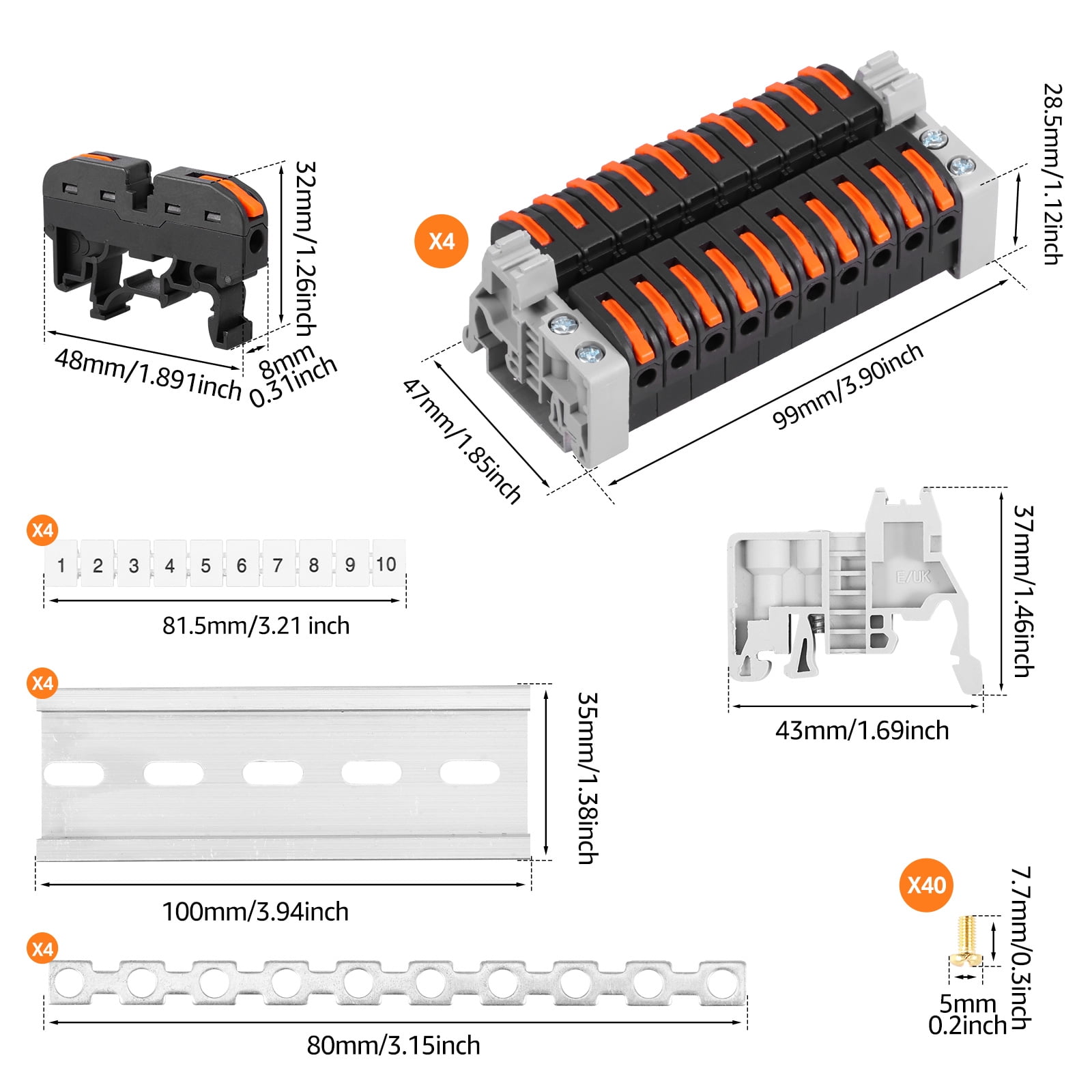 Ikoopy 40Pcs DIN Rail Terminal Block Set Quick Wiring DIN Rail Electrical Terminal Block for 28-12 AWG Solid Cable and 28-14 AWG Flexible Cable