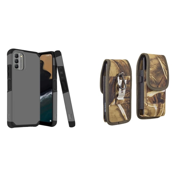 MK Armor Case for Nokia G400 5G and Vertical Nylon Belt Holster (Gray/Camo)