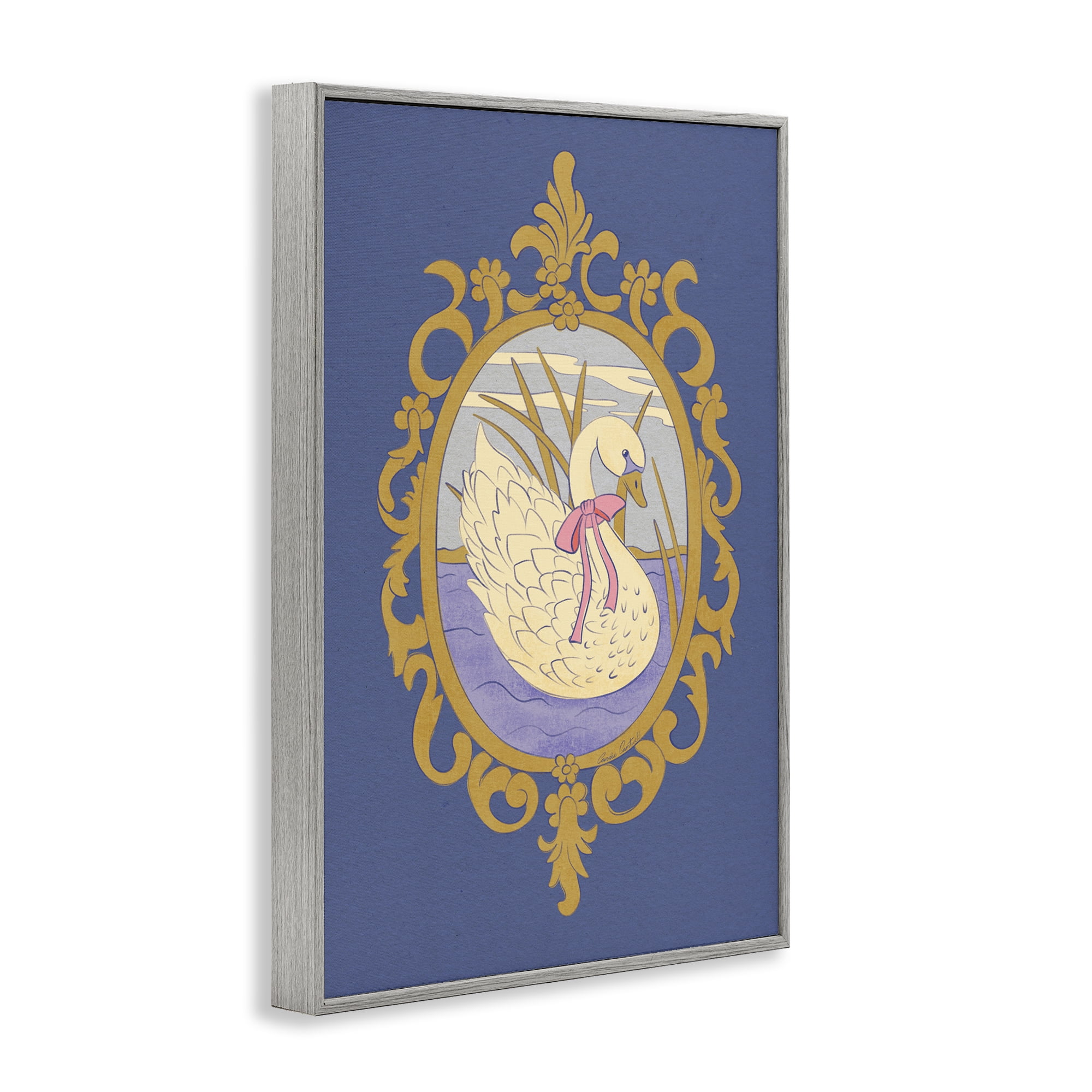 Stupell Industries Swan and Ornate Pattern Gray Framed Giclee Art, design by Carrie Cantwell