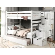 Bedz King Stairway Bunk Beds Full over Full with 4 Drawers in the Steps and a Twin Trundle, White