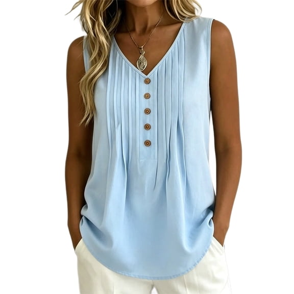 Staron Women Sleeveless V Neck Pleated Blouse Casual Button Down Loose Fit Summer Vacation Beach Tank Top, Light Blue M