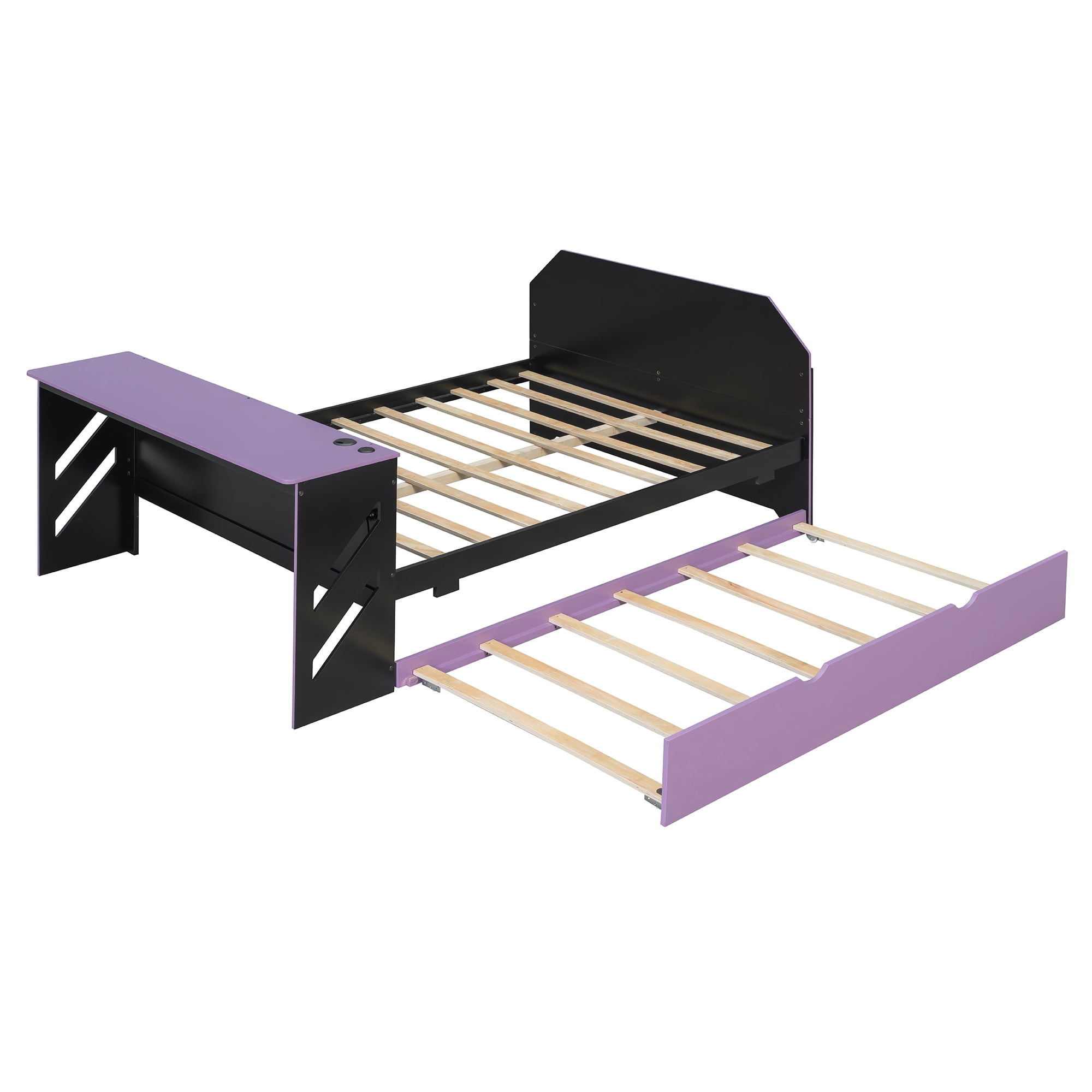 Mintazer Full Size Gaming Daybed with Pull-Out Twin Size Trundle & Desk, Platform Bed Frame with USB for Bedroom Dorm, Black & Purple