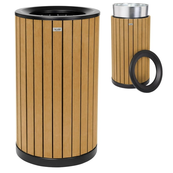 Alpine 32 Gallon Commercial Outdoor Trash Can - Heavy Duty Garbage Can Outdoor, Industrial Open Top Trash Can with Plastic Panels for Patio, Parks, Trails, Resorts (Flat Lid - Cedar)