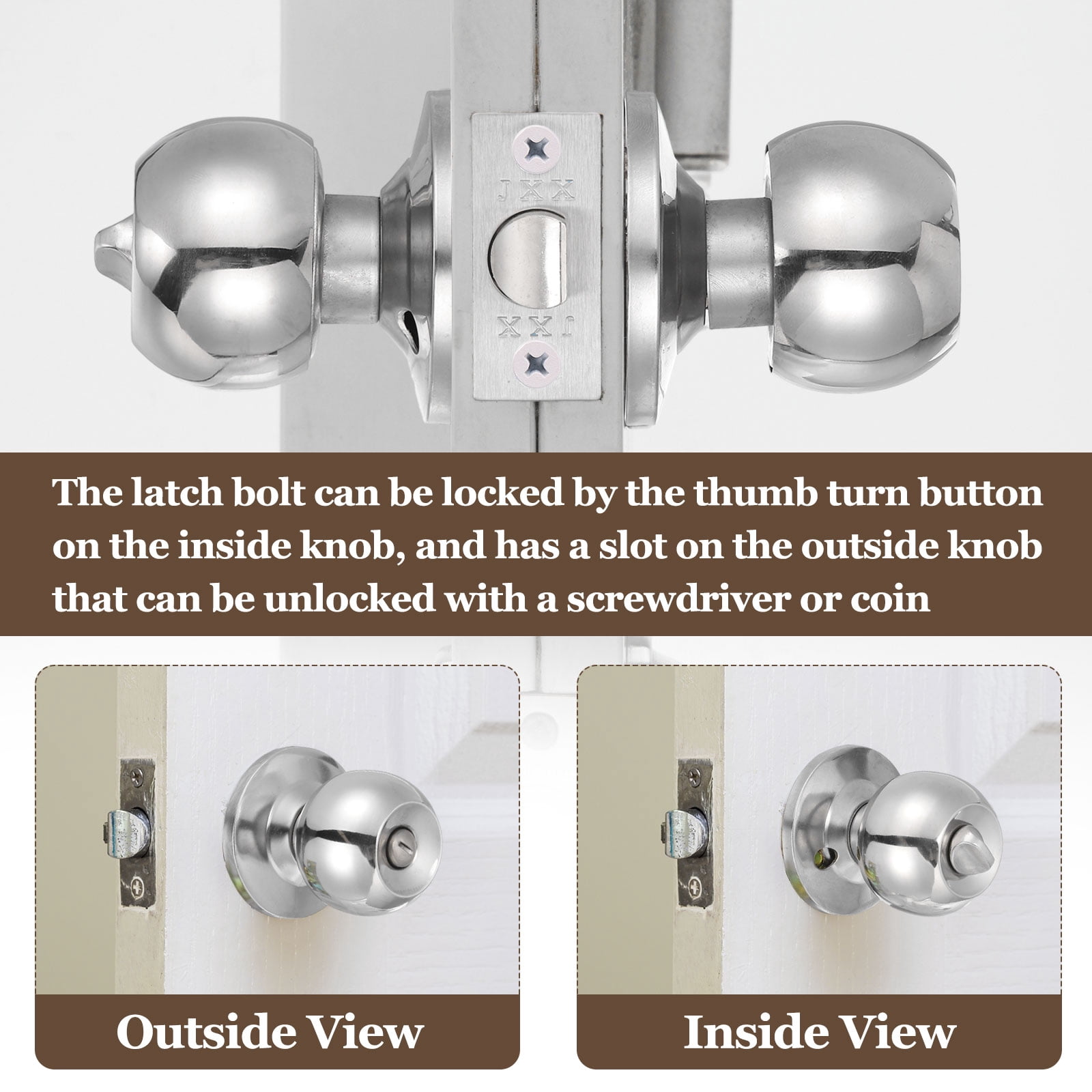 Privacy Door Knob, Round Interior Door Handles Keyless Turn Lock Doorknob with Screws Fits 0.98"-1.77" Thickness for Bedroom, Bathroom Closets, Silver Tone