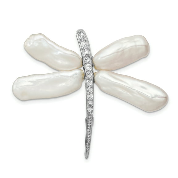 Sterling Silver RH White Baroque FWC Pearl CZ Dragonfly Slide Pin QP4765