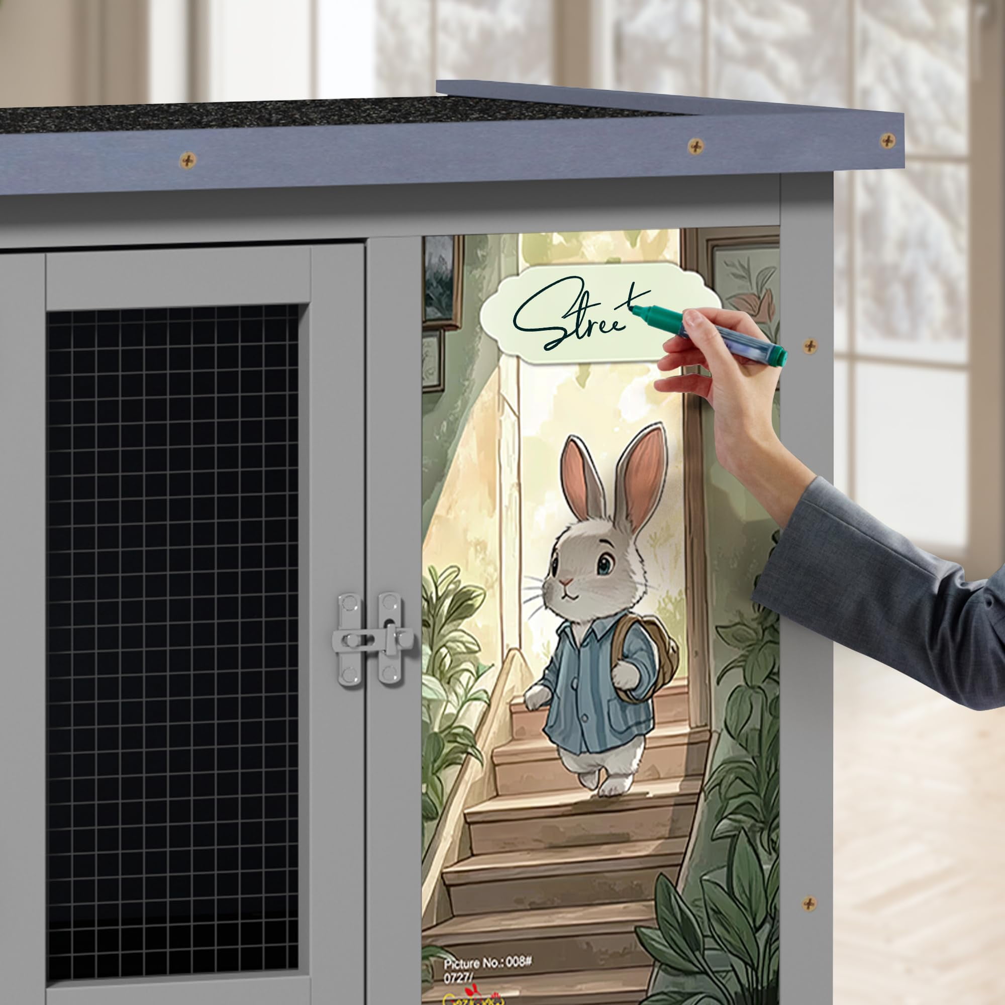 Wooden rabbit cage with balcony, rabbit cage with wheels, suitable for indoor and outdoor use, includes rabbit cage, removable tray, gray with pattern