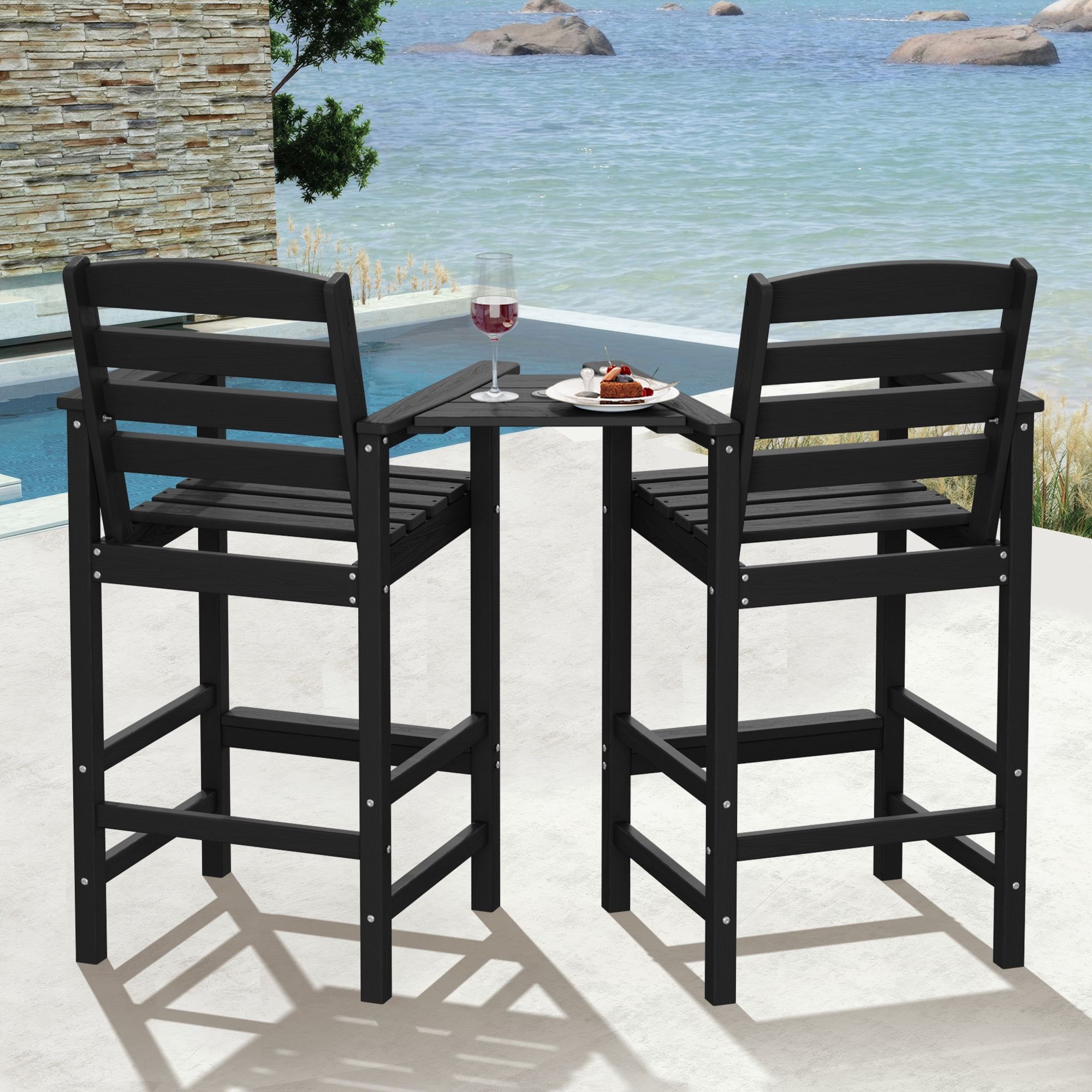 LOYALICE Balcony Chair Set of 2, Outdoor Adirondack Barstools with Connecting Tray, Black