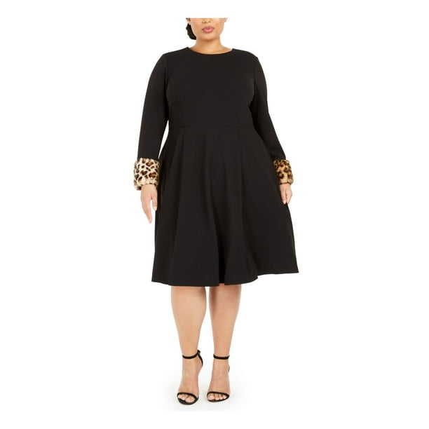CALVIN KLEIN Womens Black Long Sleeve Knee Length Fit + Flare Dress Plus  14W 