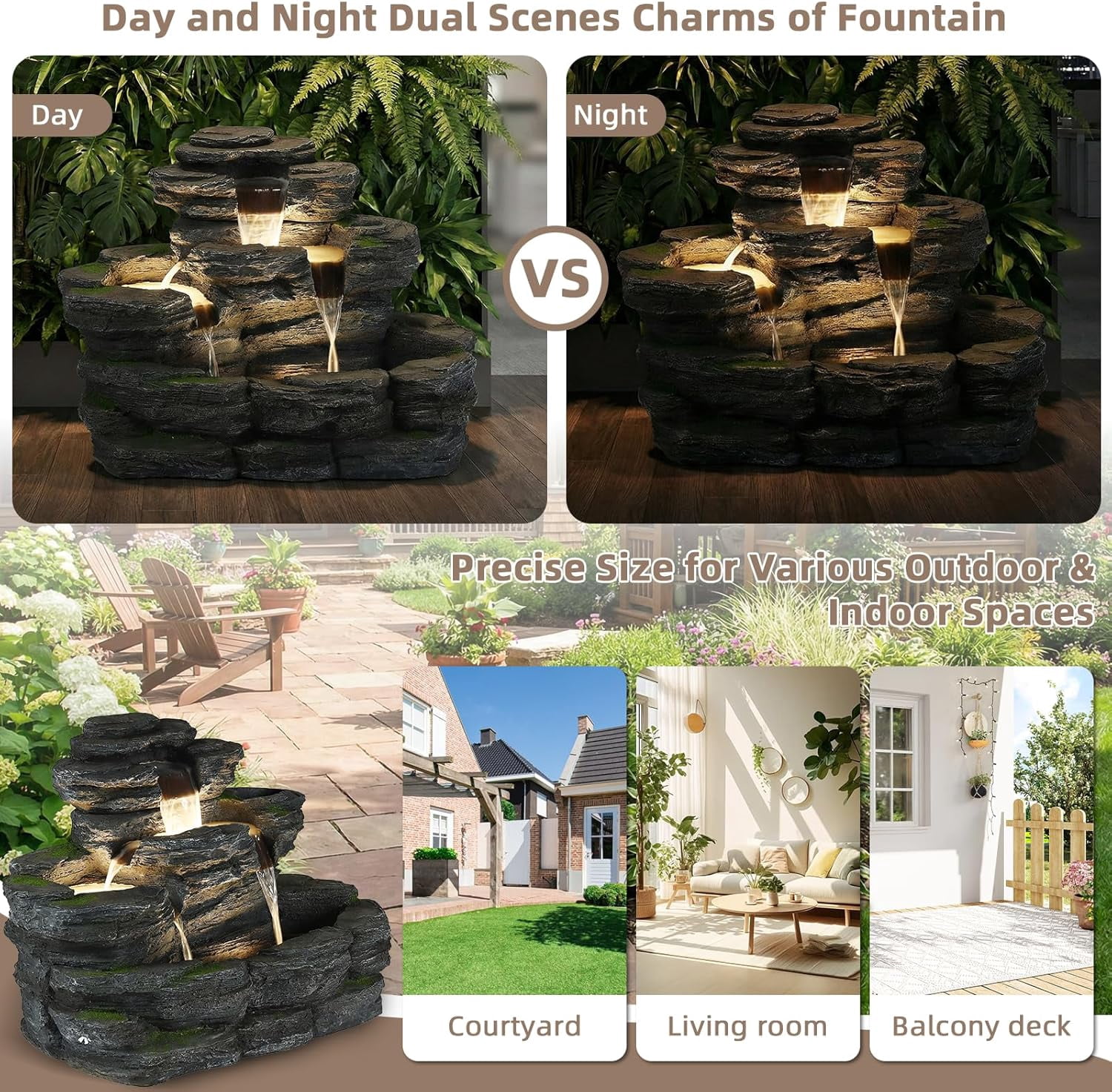 EPICOZY 5-Tier Rock Outdoor Water Fountain, 29.7" L Realistic Moss Decor & Cascading Waterfall Fountain with LED Lights, Resin Garden Water Feature for Patio, Yard & Porch, Home Art Décor