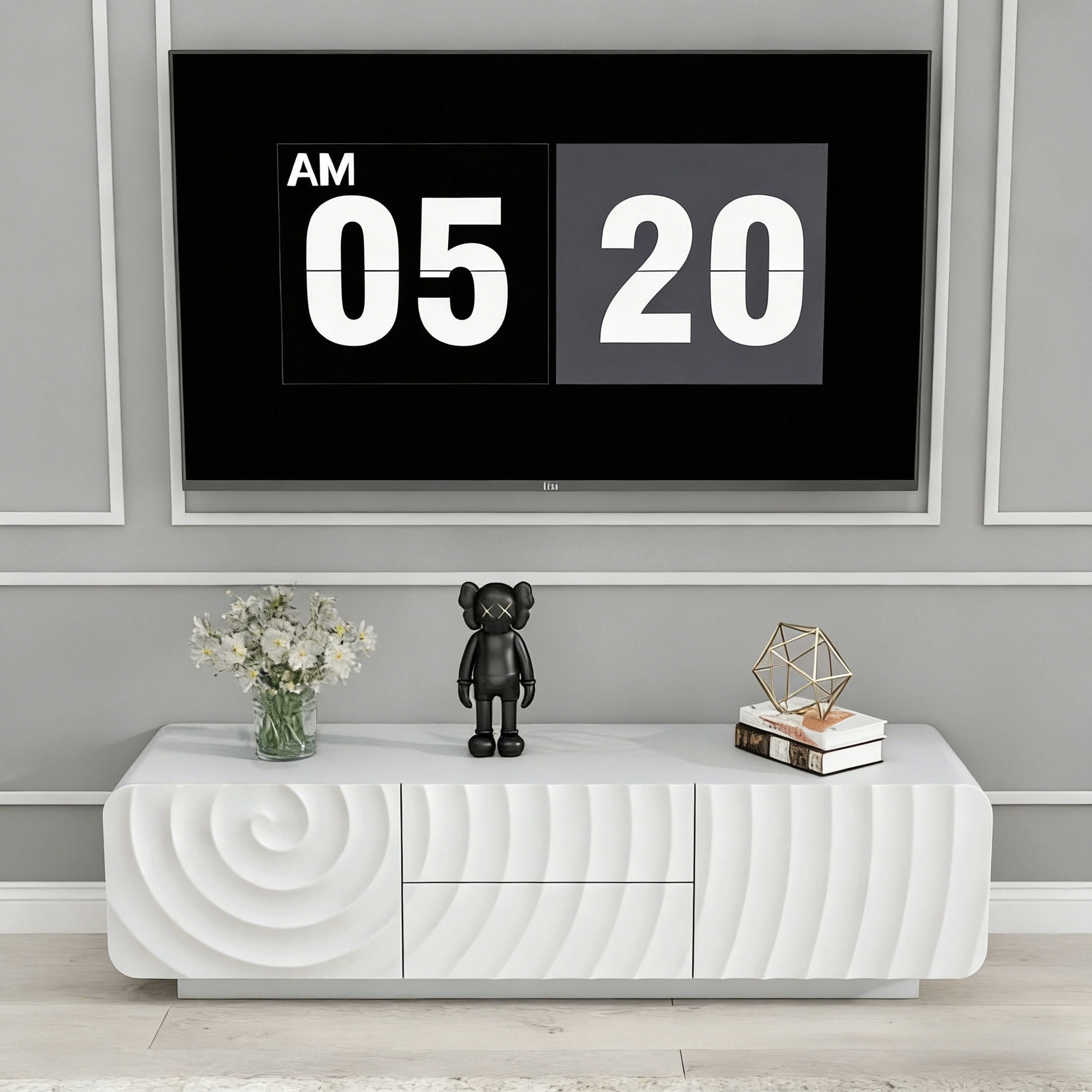 Noble House Mavor 58" Modern TV Stand Console with Storage Drawers, Spiral Wave Pattern Cabinet for Living Room, White