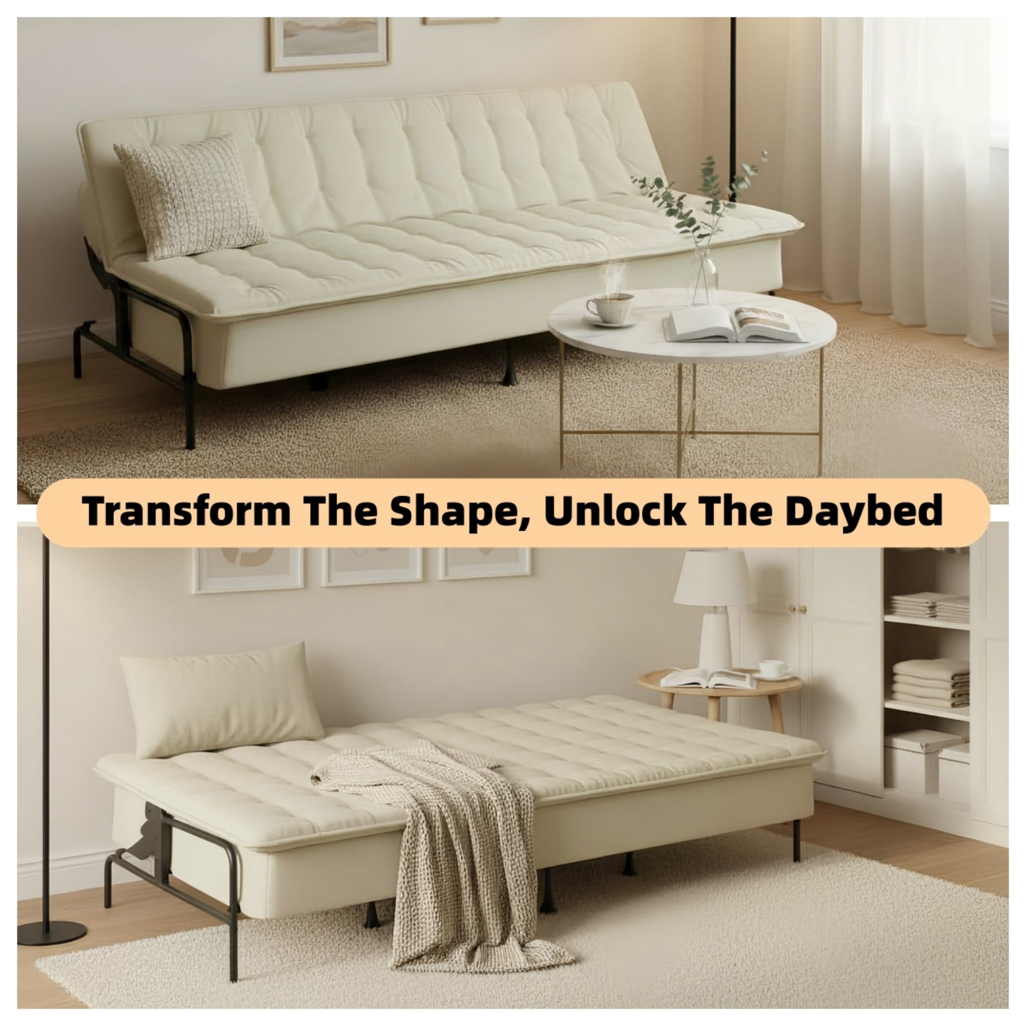 BSHTI 76" Linen Futon Sofa Bed – 3 Adjustable Backrest Angles, Convertible Couch, Metal Frame with Anti-Slip Feet, Space-Saving for Apartment Living Room Small Space，Beige